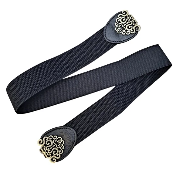 Black gold floral buckle faux leather corset boho stretch waist statement belt - Picture 8 of 12